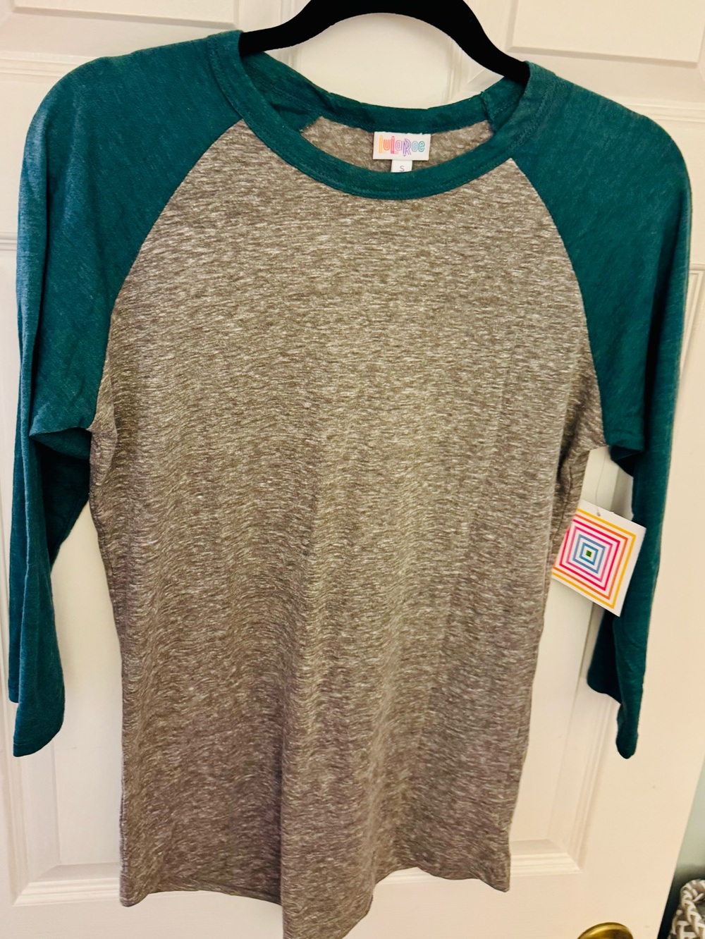 LuLaRoe Randy Baseball Tee - Teal Sleeves and Heather Gray Body